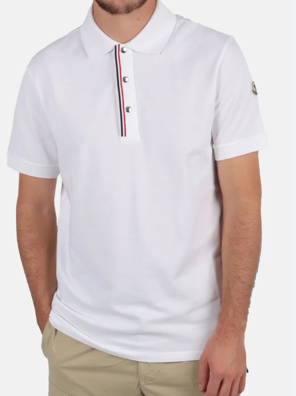 Moncler White Polo Luxury Designer Shirt Men’s M Silver Logo Snap Striped Neck